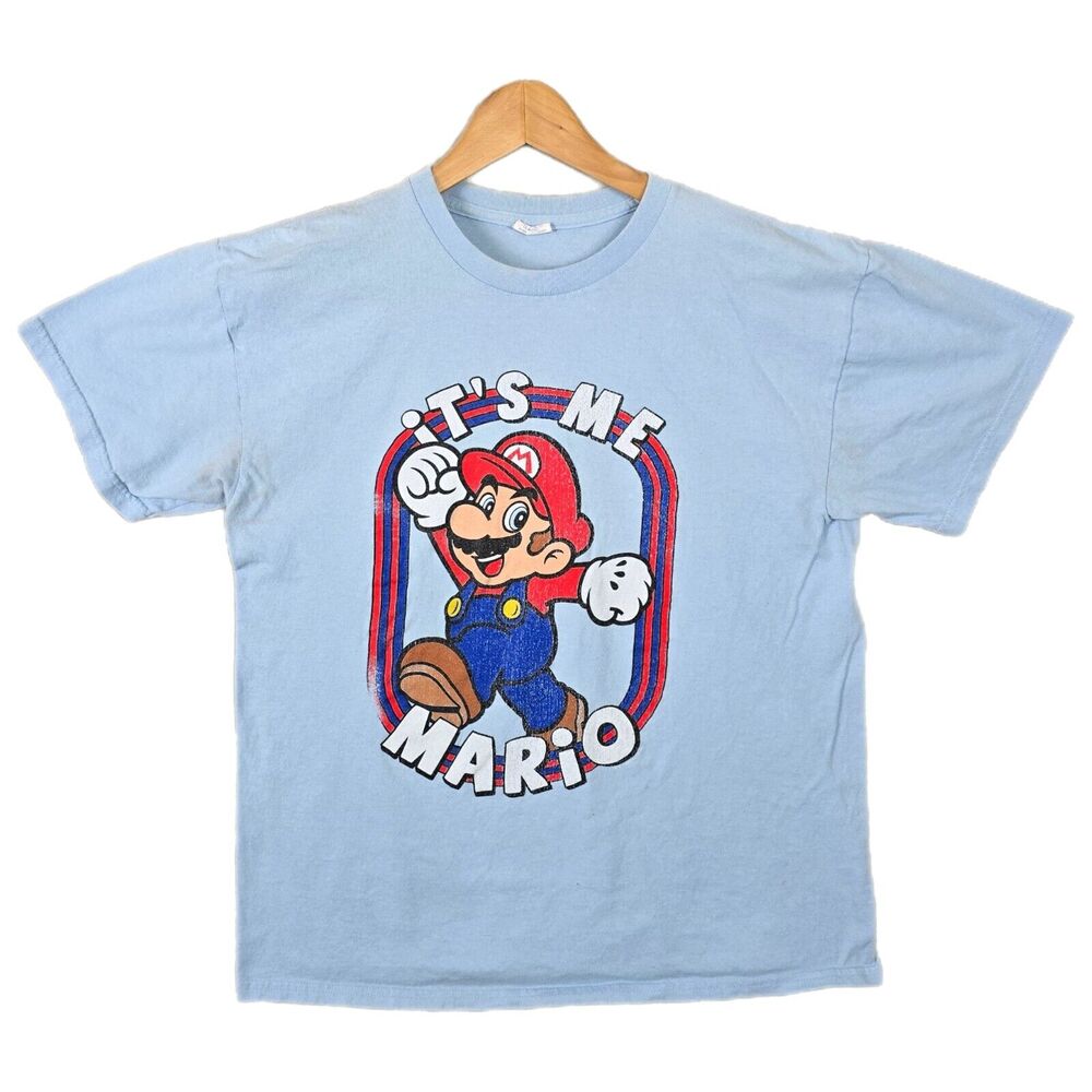 Nintendo‎ Super Mario Bros 2010 It's Me Me Mario Size Large Tee Shirt Blue Y2K